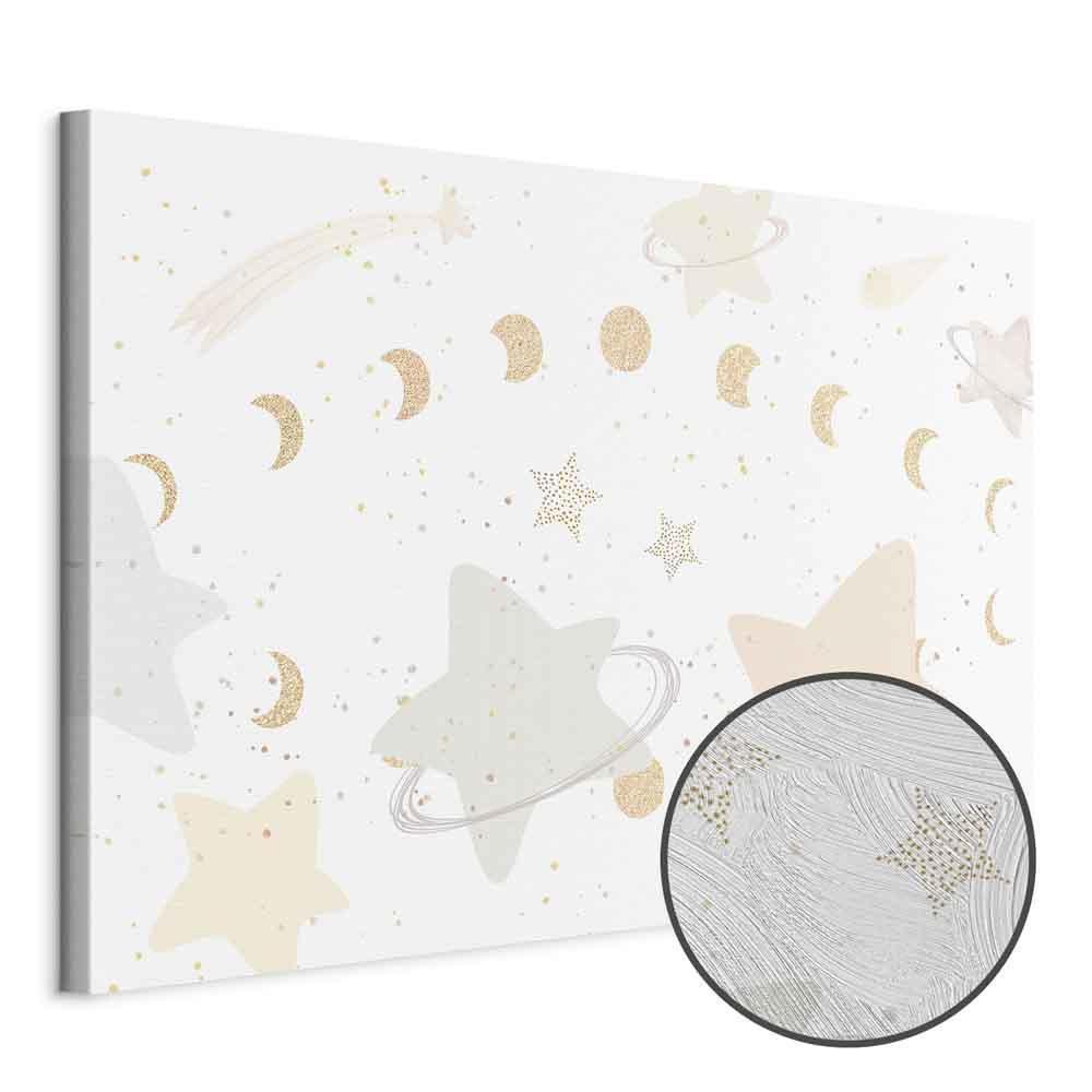Leinwandbild - Fairy-Tale Galaxy - Phases of the Moon in Yellow Tones Among Stars in Beige and Ash Colors with Stardust