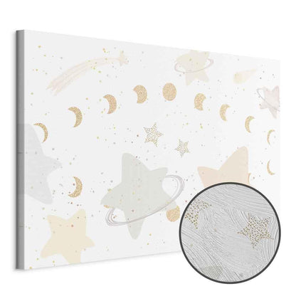 Leinwandbild - Fairy-Tale Galaxy - Phases of the Moon in Yellow Tones Among Stars in Beige and Ash Colors with Stardust