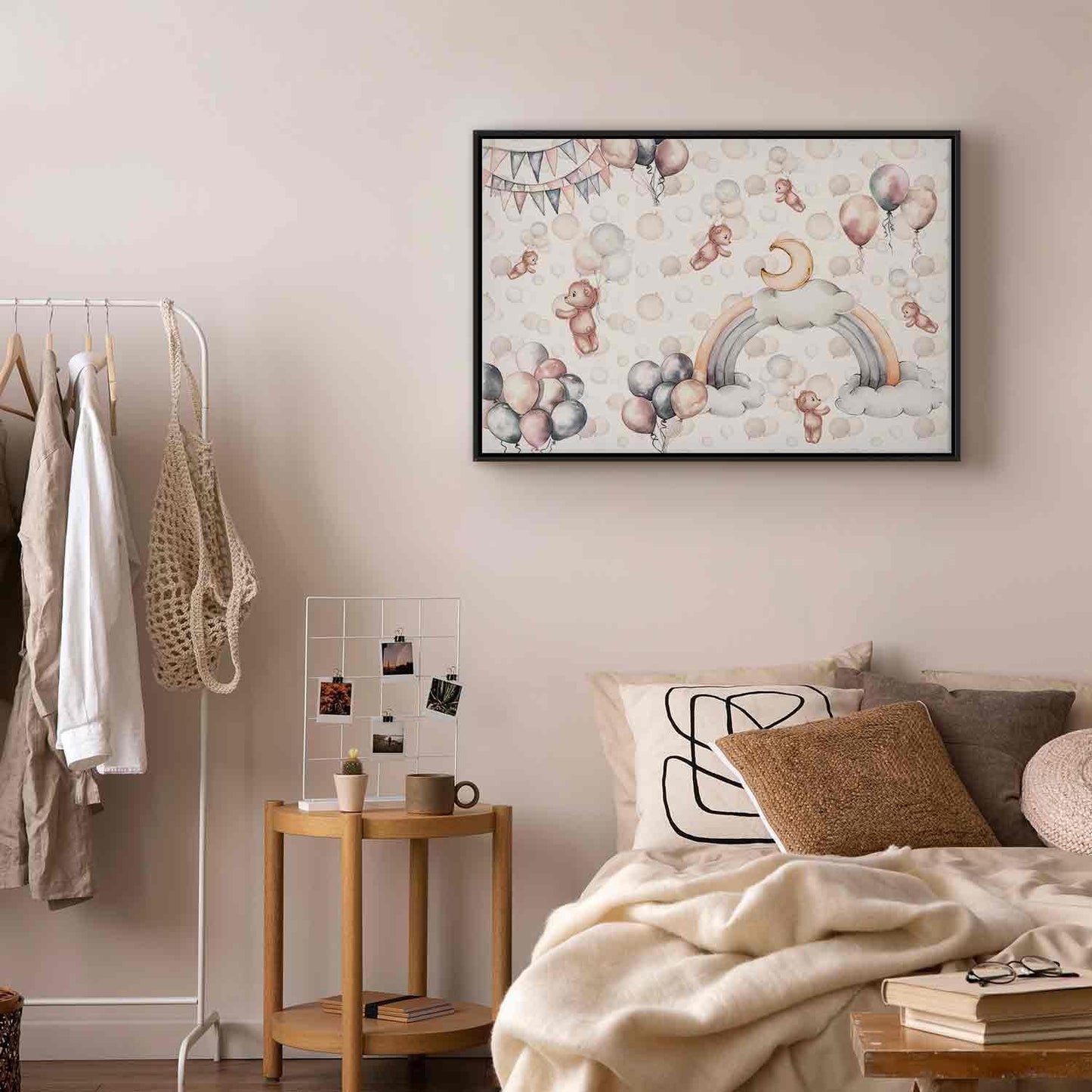 Leinwandbild - Toy Bears with Balloons - Flying Plush Bears Among Balloons Clouds and Rainbows in Subtle Pastel Hues