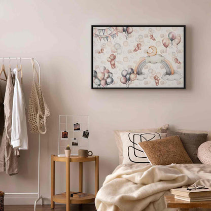 Leinwandbild - Toy Bears with Balloons - Flying Plush Bears Among Balloons Clouds and Rainbows in Subtle Pastel Hues