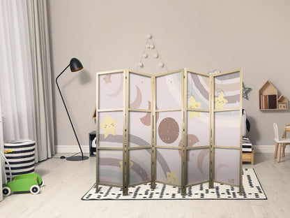 Japanischer Paravent - Joyful Sky - Yellow cheerful stars with a rainbow against the moon phases - in the sky colored light beige