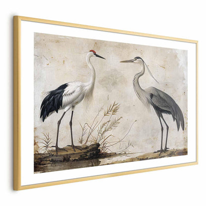 Poster - Birds from an Old Engraving - vintage-style illustration of a heron and a crane