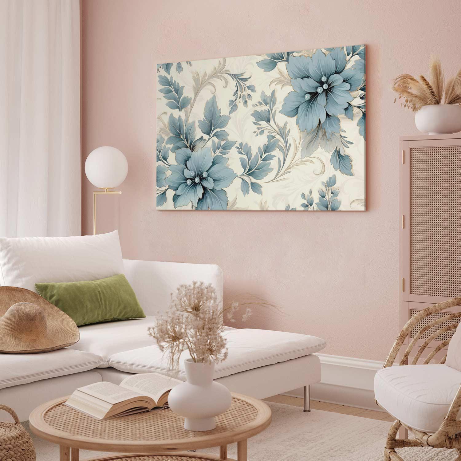 Leinwandbild - Turquoise Flowers in Retro Ambience Floristic Ornaments Artgeist