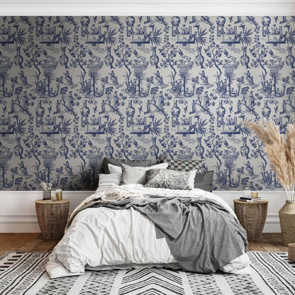 Tapete - Blue antique – a delicate pattern with Greek and botanical motifs