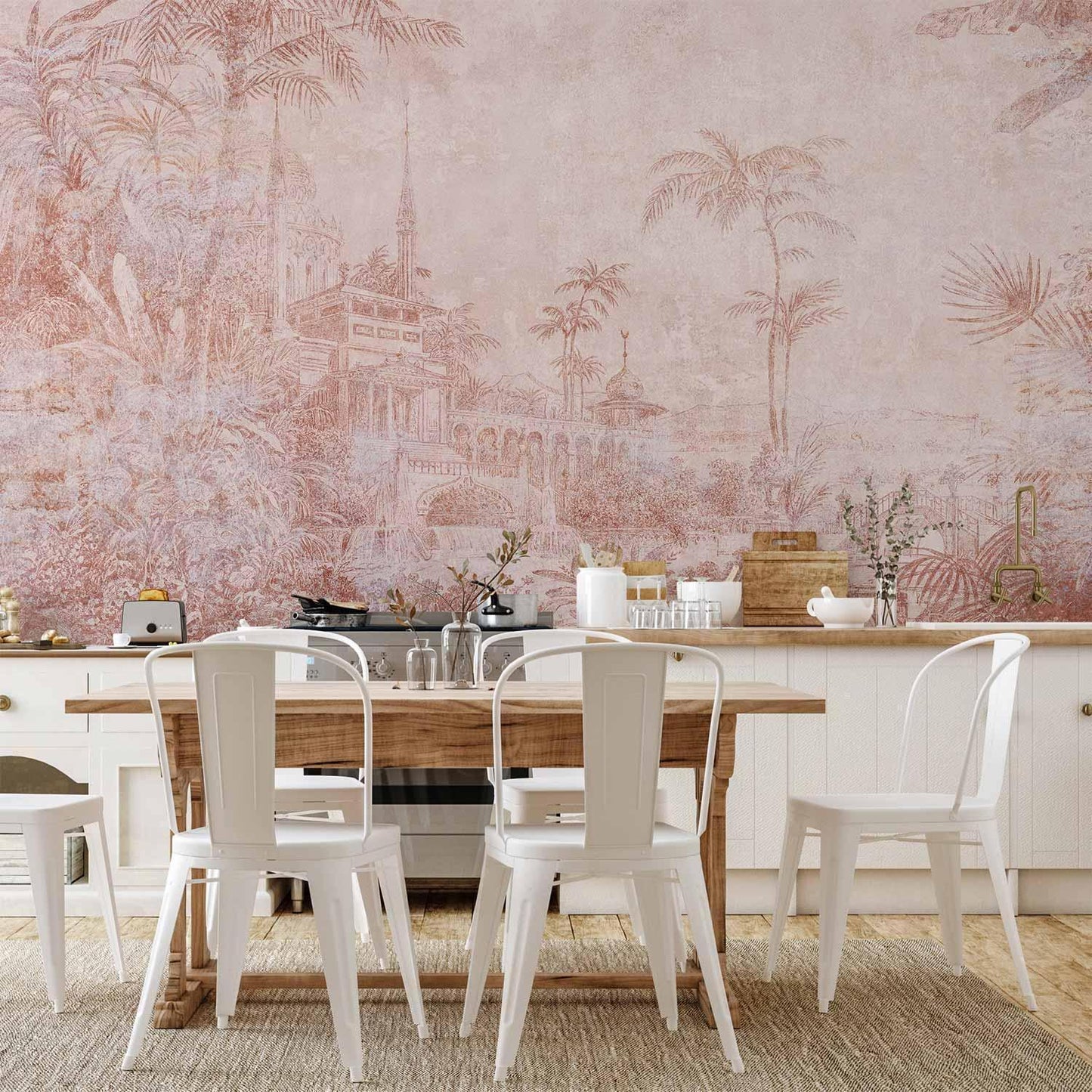 Fototapete - Landscape with temple - engraving of Indian architecture with palm trees