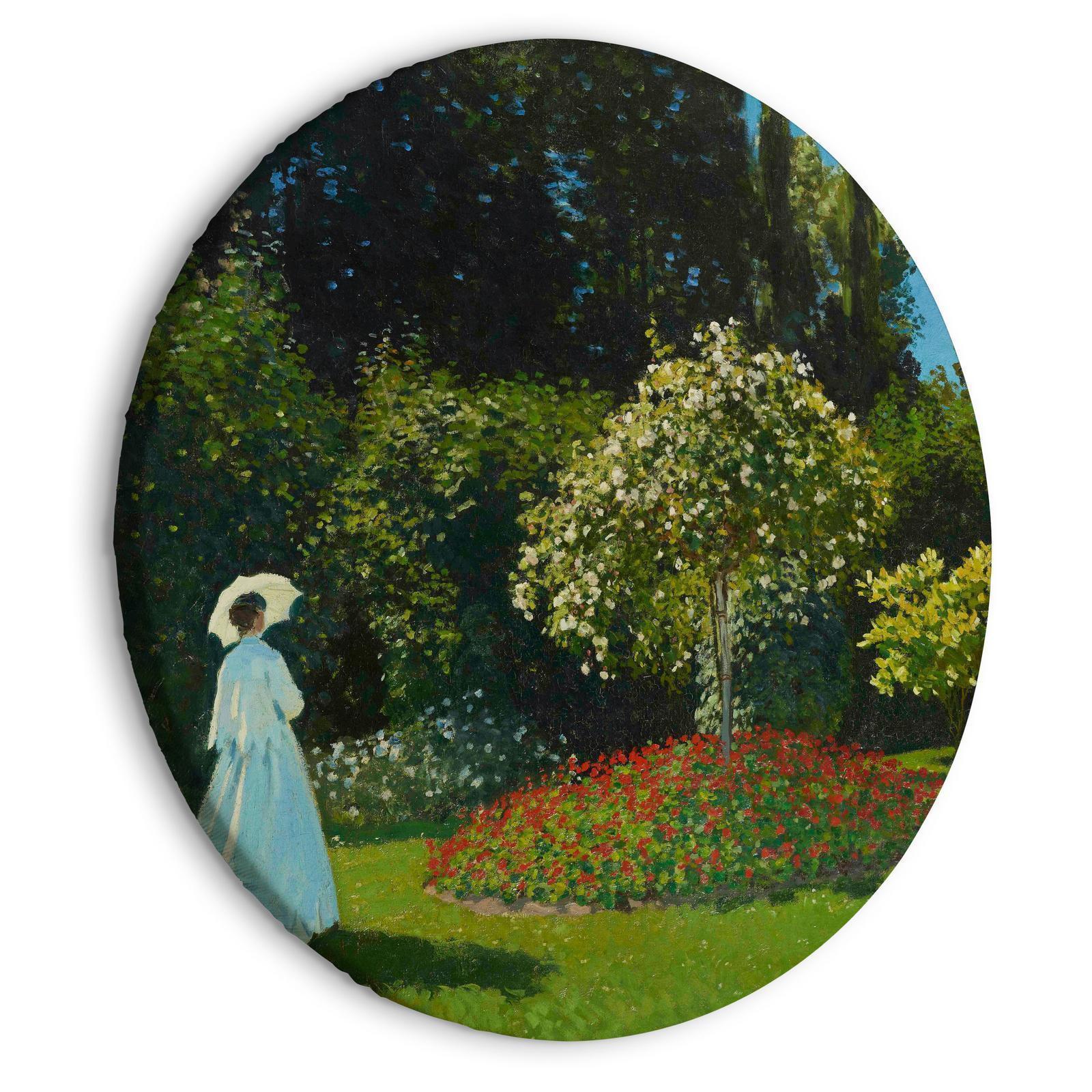 Round canvas painting of a woman in a garden by Claude Monet, featuring vibrant spring vegetation.