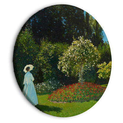 Round canvas painting of a woman in a garden by Claude Monet, featuring vibrant spring vegetation.