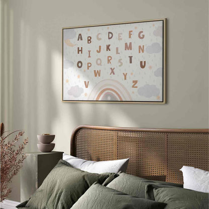 Leinwandbild - Letters Above the Rainbow - Letters Among Streams of Rain and Clouds with a Rainbow Moon and Stars on a Light Background