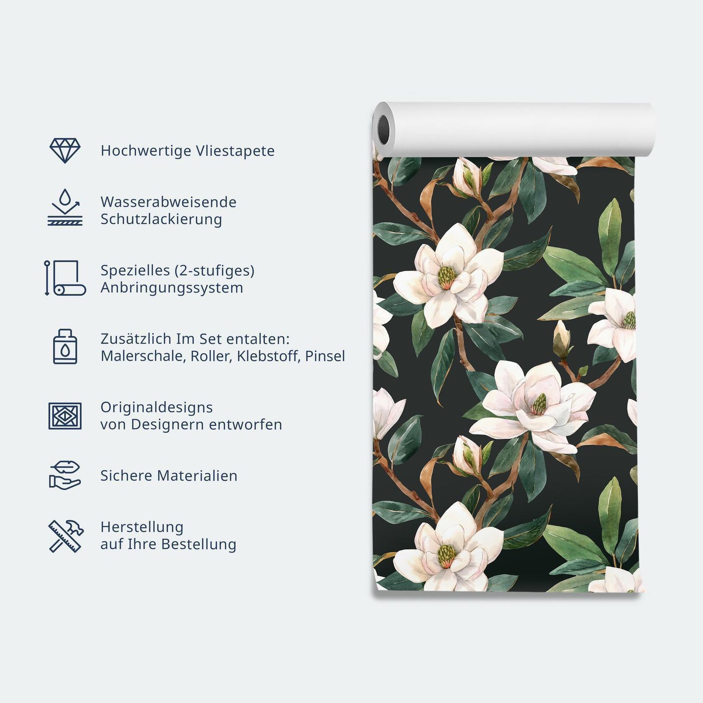 Tapete - Ornament with birds - silhouettes of cranes and peony flowers on a dark background