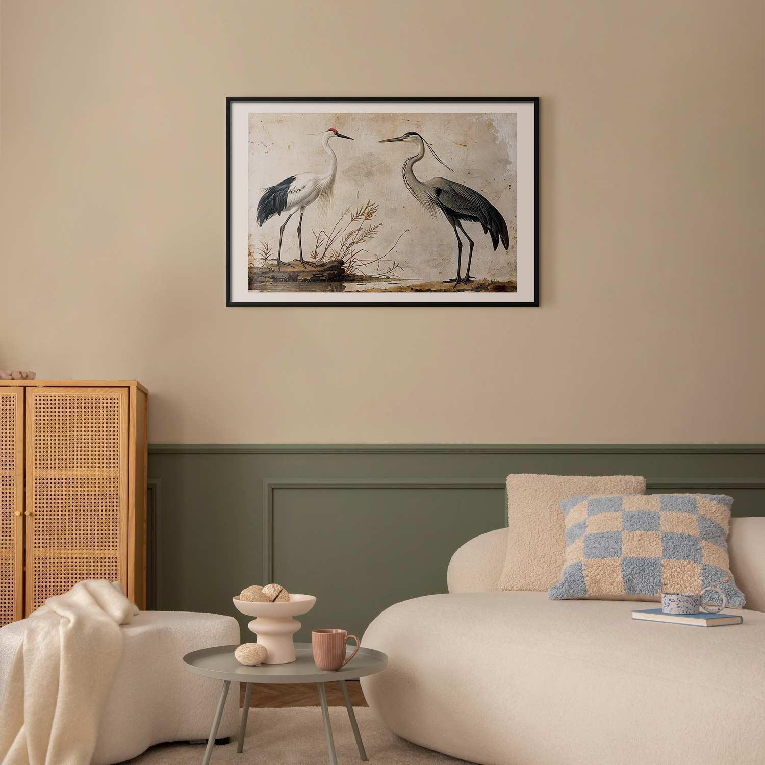 Poster - Birds from an Old Engraving - vintage-style illustration of a heron and a crane Artgeist