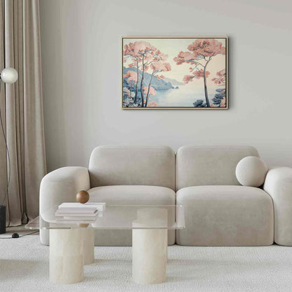 Leinwandbild - Landscape with the Ocean Cliffs and Trees in Delicate Pink Shades Artgeist