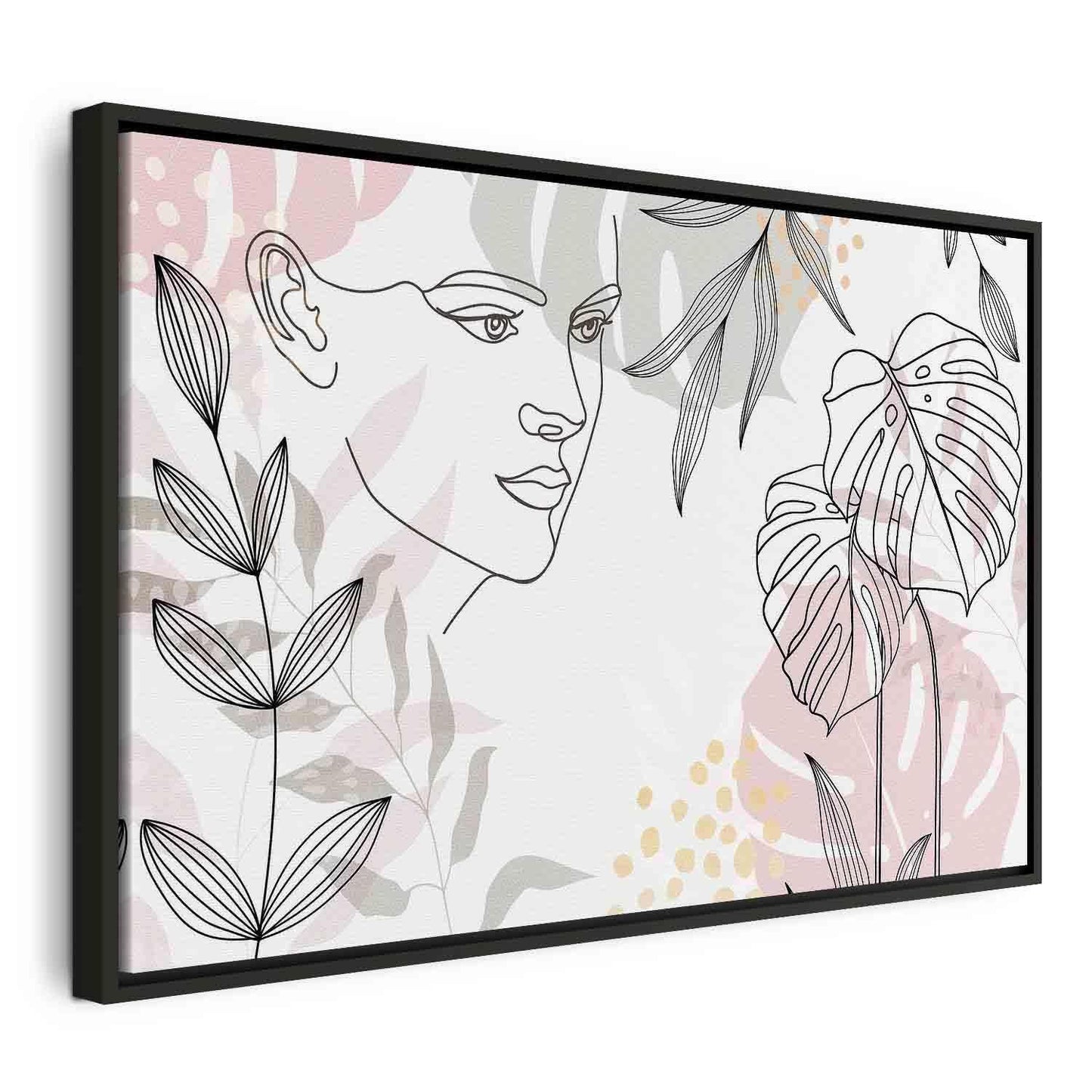 Leinwandbild Frau mit Monstera Blättern – Moderne Line Art