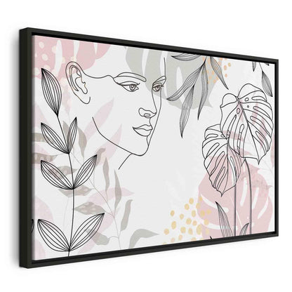 Leinwandbild Frau mit Monstera Blättern – Moderne Line Art