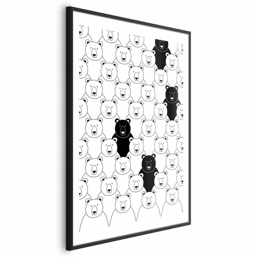Poster - Stranger in the Flock featuring unique black bear among white bears in a stylish frame.