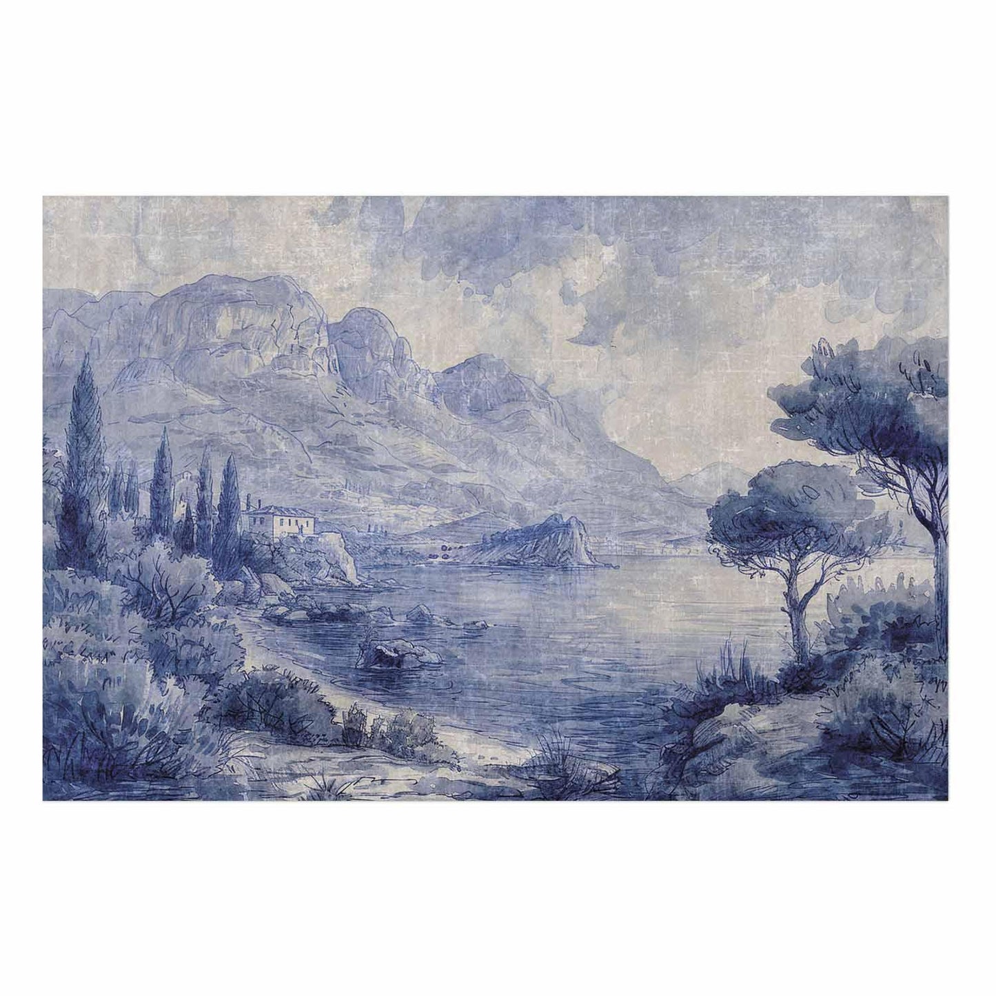 Poster - Blue Bay - Italian Landscape of Lake Como Painted in Blue Ink