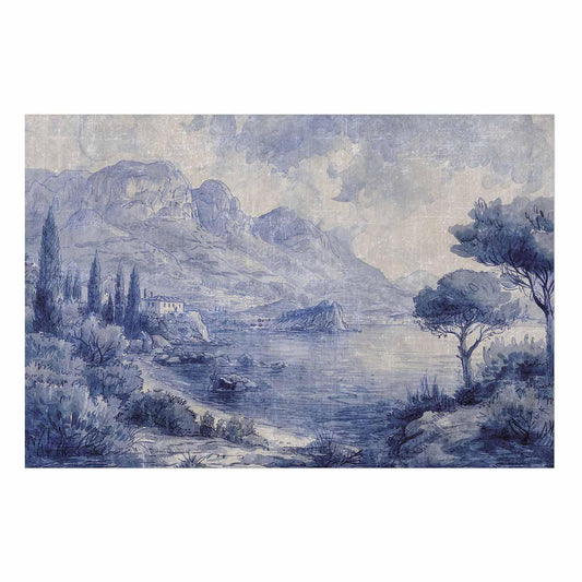 Poster - Blue Bay - Italian Landscape of Lake Como Painted in Blue Ink