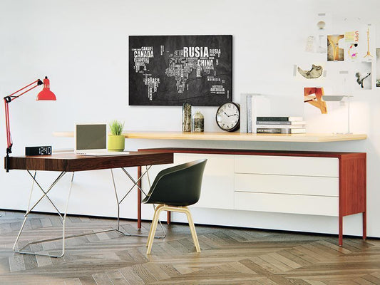 Korkbild Pinnwand Weltkarte Schwarz - Elegante Kontinente auf dunklem Hintergrund