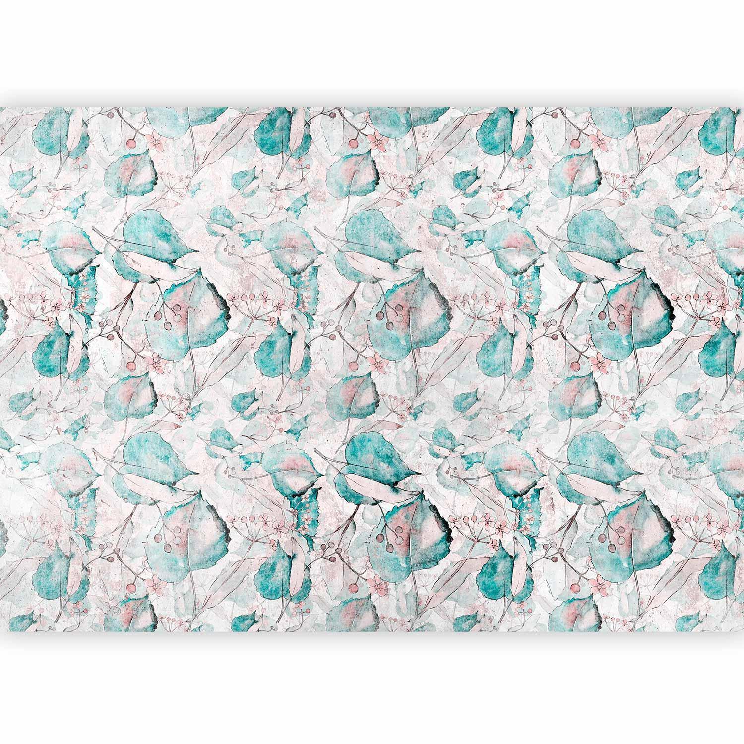 Fototapete - Autumn souvenirs - floral pattern with turquoise leaves Artgeist