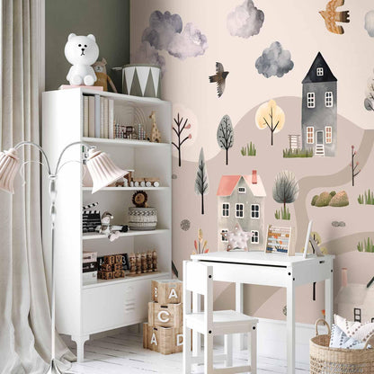 Fototapete - Scandinavian Valley - Village in Pastel Colours Painted in Watercolours