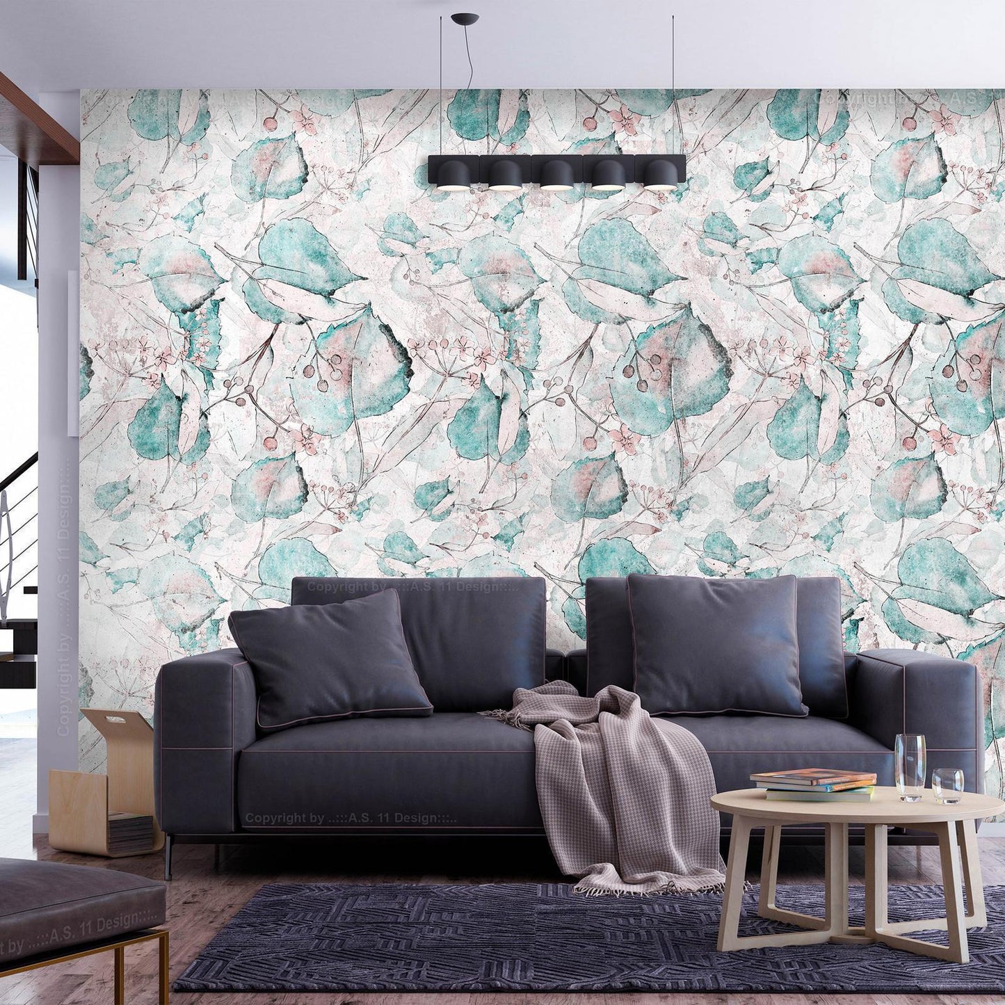 Fototapete - Autumn souvenirs - floral pattern with turquoise leaves Artgeist