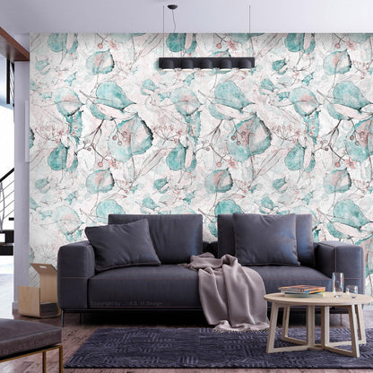 Fototapete - Autumn souvenirs - floral pattern with turquoise leaves Artgeist