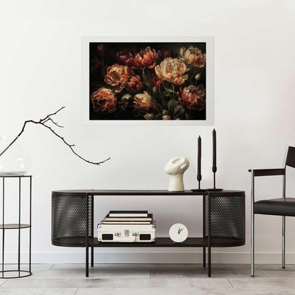 Poster of blooming tulips in a modern interior setting.