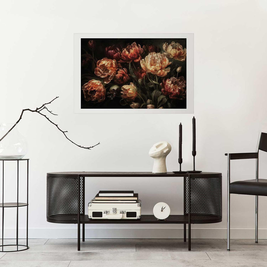Poster of blooming tulips in a modern interior setting.