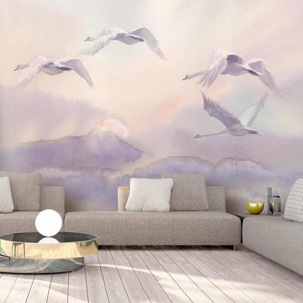 Fototapete - Flying Swans Artgeist