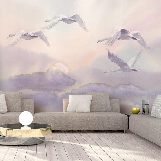 Fototapete - Flying Swans Artgeist