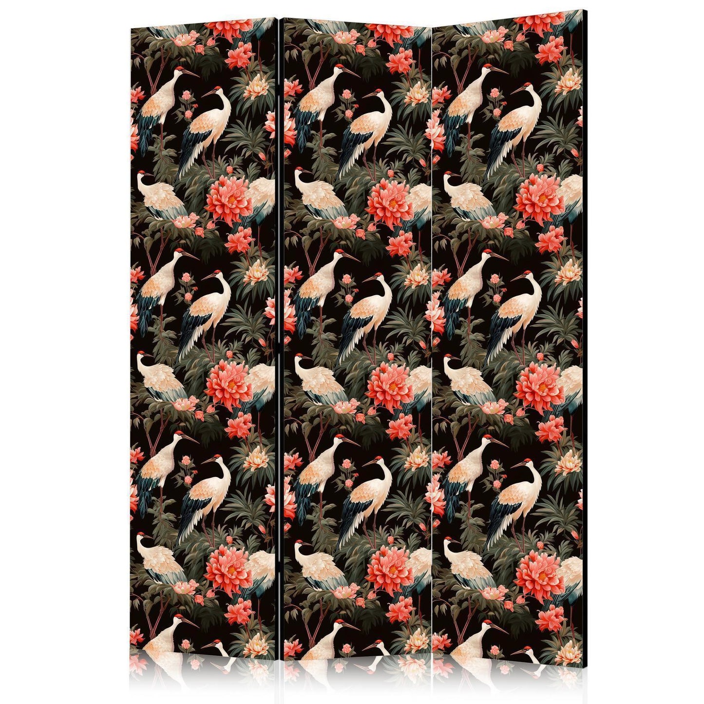 Paravent - Ornament with birds - silhouettes of cranes and peony flowers on a dark background