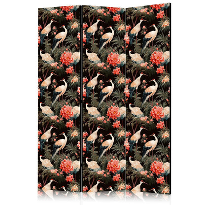 Paravent - Ornament with birds - silhouettes of cranes and peony flowers on a dark background