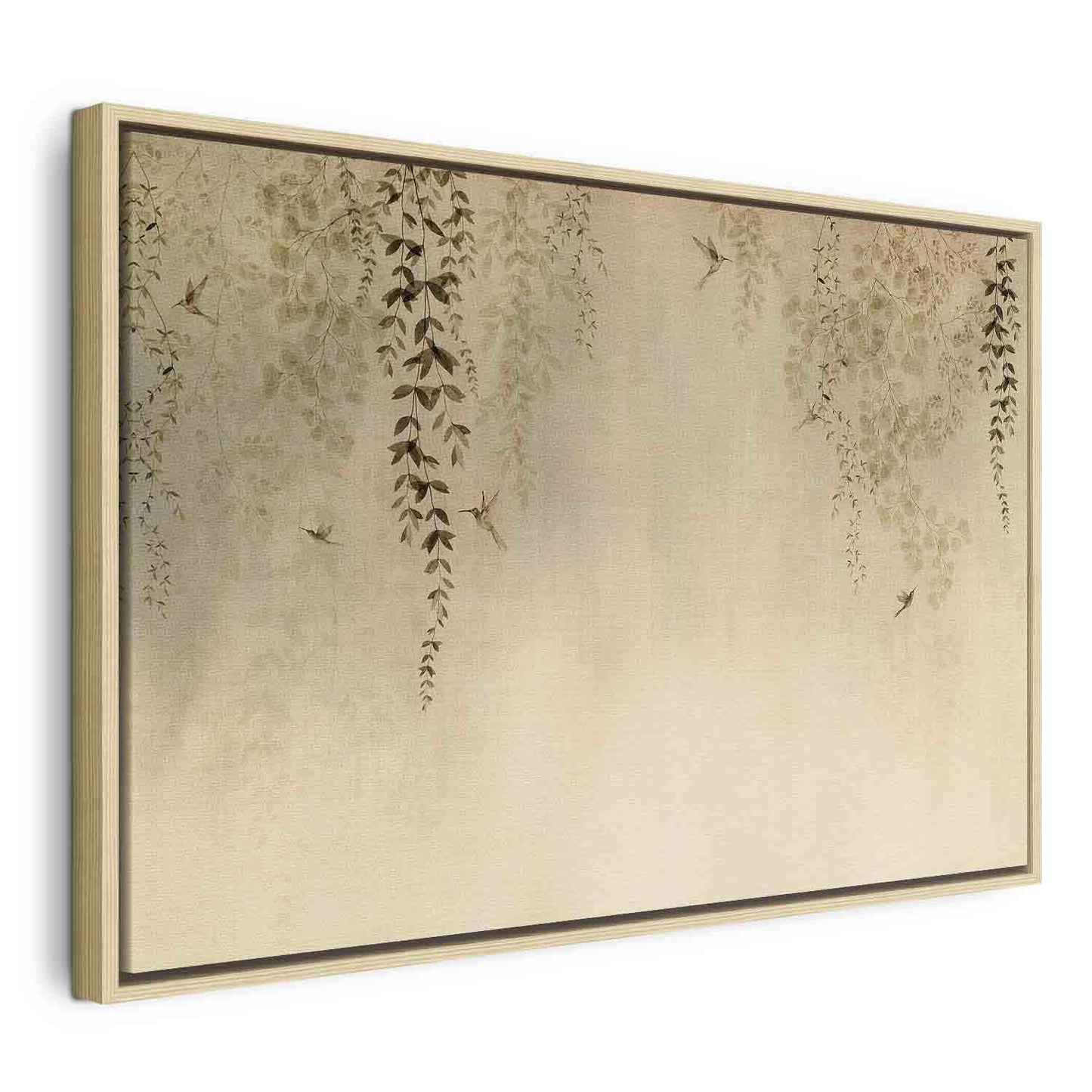 Leinwandbild - Spring Orchard - Hummingbirds Among Tree Branches in Beige Shades