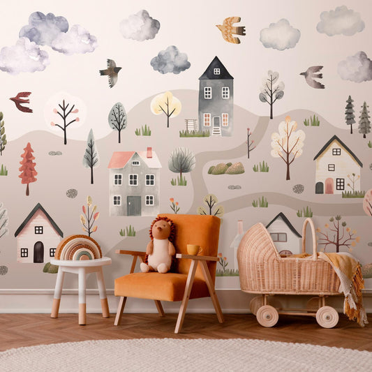 Wanddeko skandinavisches Bergdorf - Aquarell-Fototapete in Rosa, Mint und Creme für Kinderzimmer
