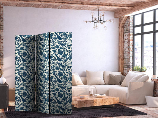 Paravent "Blaue Vögel auf Rosenranken" – Elegante Romantik in sanften Farben
