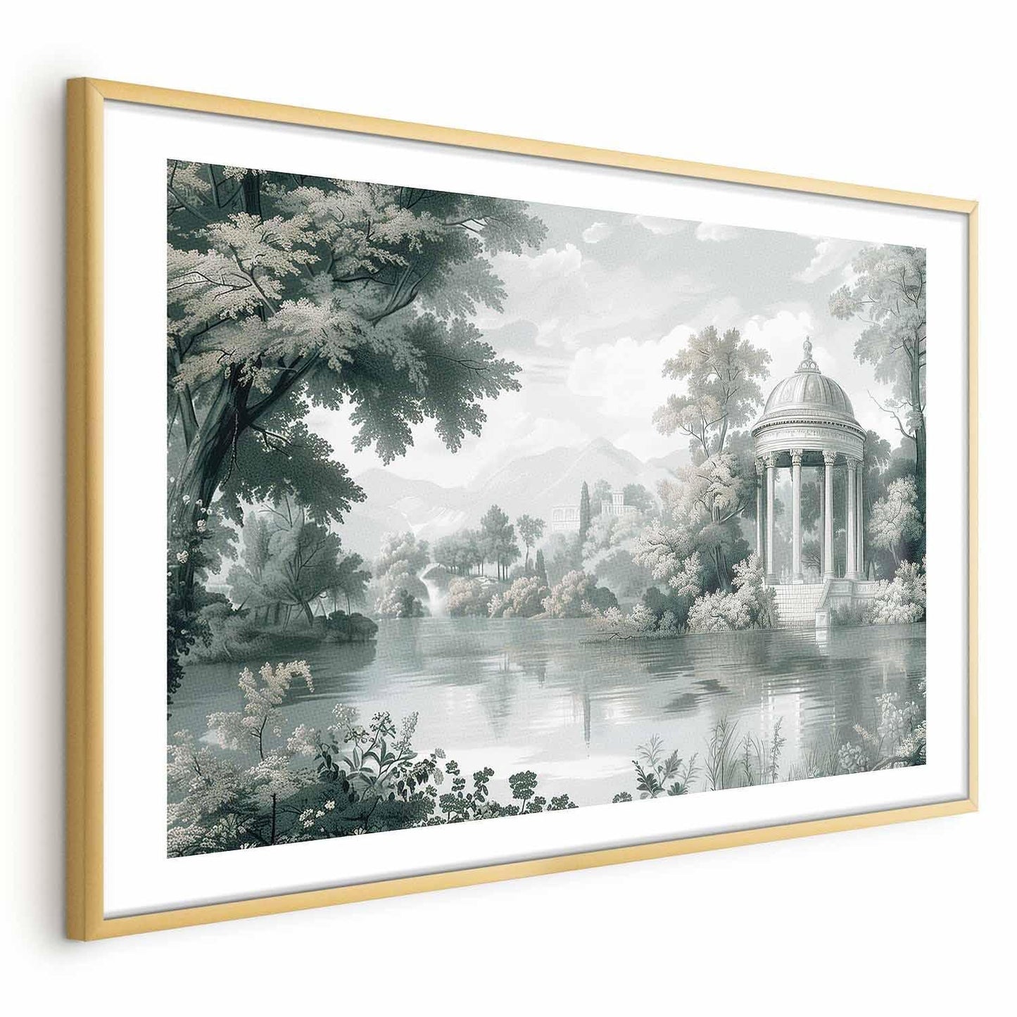 Landscape poster with park and lake in retro green tones, framed in gold.