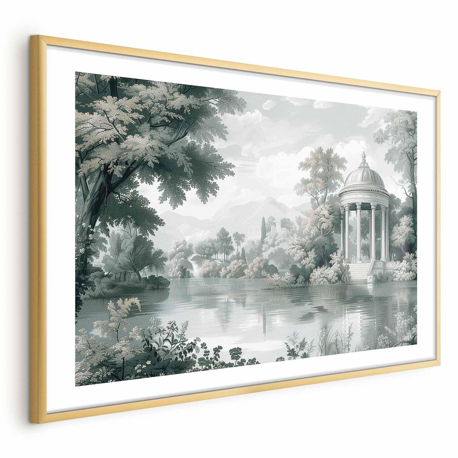 Landscape poster with park and lake in retro green tones, framed in gold.