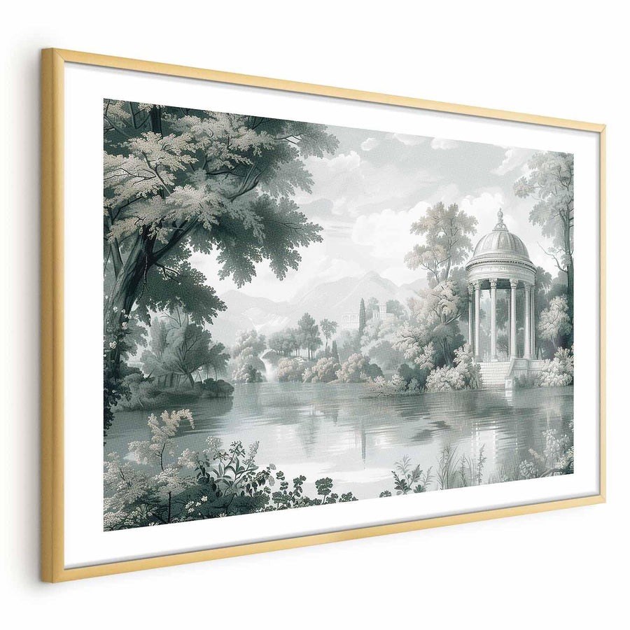Landscape poster with park and lake in retro green tones, framed in gold.