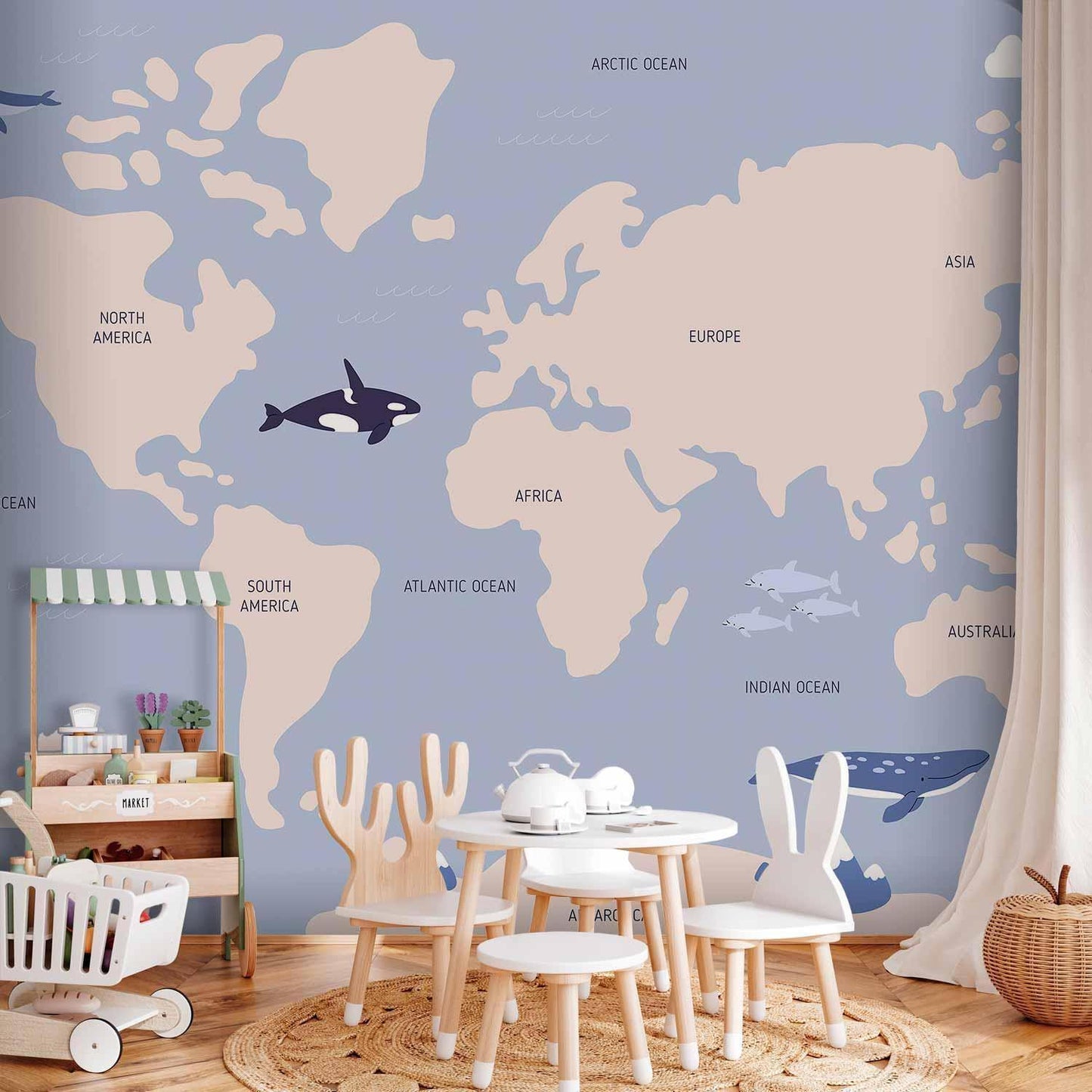 Fototapete - Pastel Planet - Animals and Underwater Plants on a Map