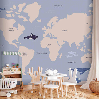 Fototapete - Pastel Planet - Animals and Underwater Plants on a Map