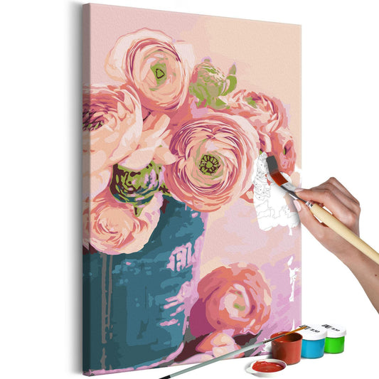 Malen nach Zahlen Blumen in blauer Vase - Elegantes Stillleben mit harmonischer Farbkombination aus beruhigendem Blau und lebendigen Blüten - Sawelt