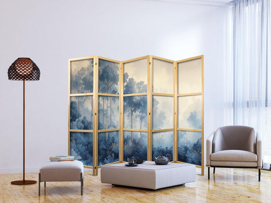 Japanischer Paravent - Landscape with Trees in Illustrative Style - Fairy-Tale Blue Forest