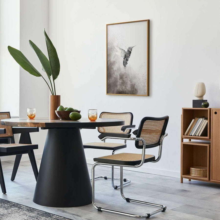 Ethnic Hummingbird poster in stylish dining room setting.