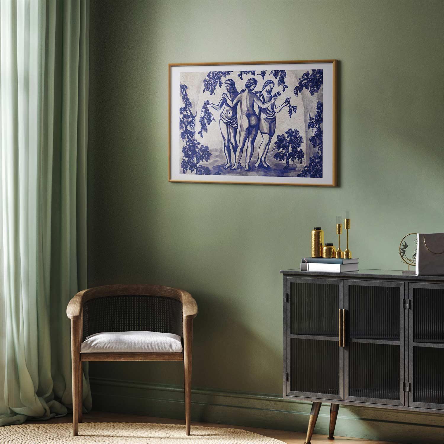 Poster - Ancient Vineyard - three women in a portal painted in blue ink Artgeist