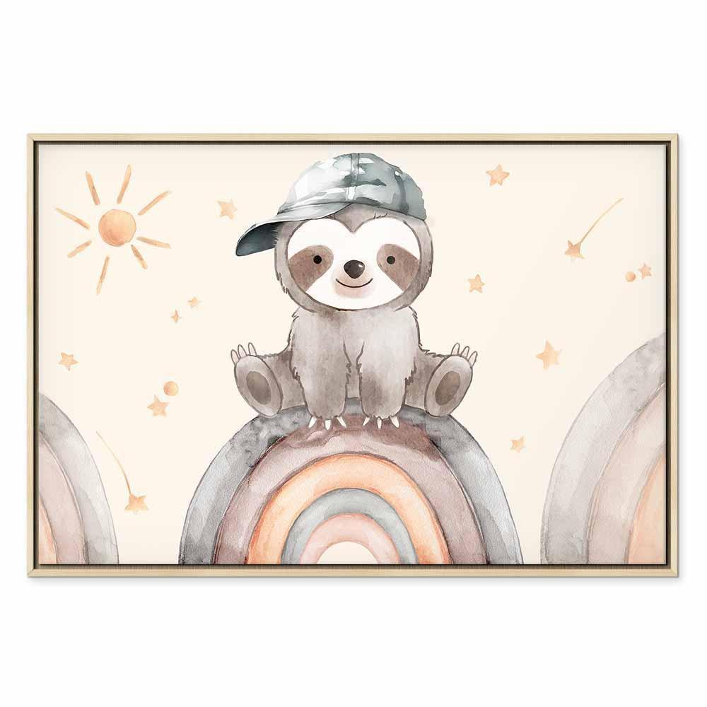 Leinwandbild - Happy Sloth - Sloth in Subdued Colors Wearing a Cap Sitting on a Rainbow Among Little Stars