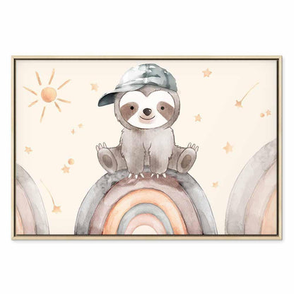 Leinwandbild - Happy Sloth - Sloth in Subdued Colors Wearing a Cap Sitting on a Rainbow Among Little Stars