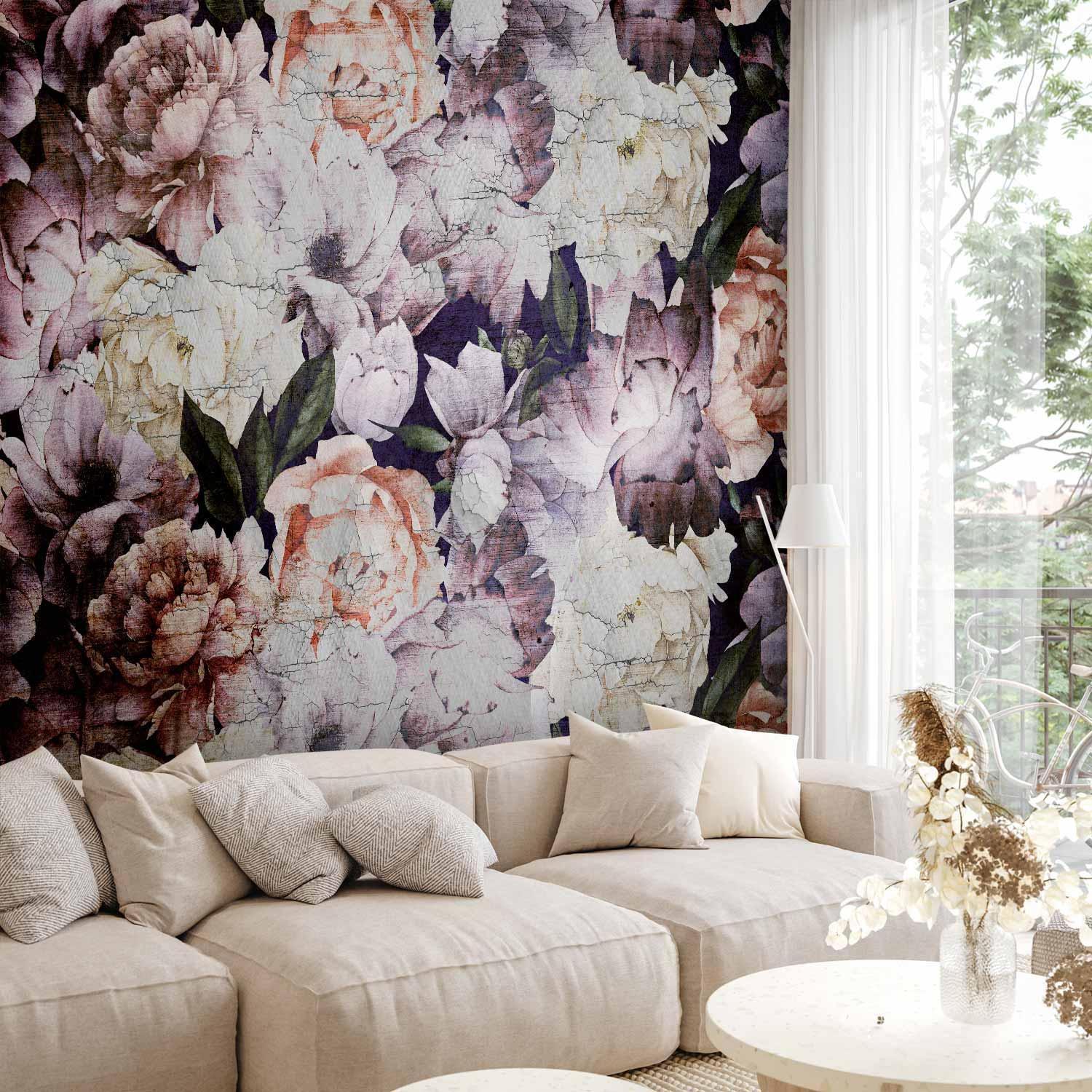 Fototapete - Plant motif with peonies in a garden - retro style flower background Artgeist