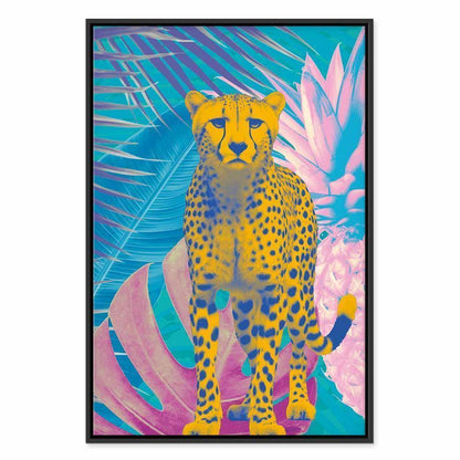 Leinwandbild - Exotic Leopard - Colorful Portrait of a Cheetah Against Tropical Leaves
