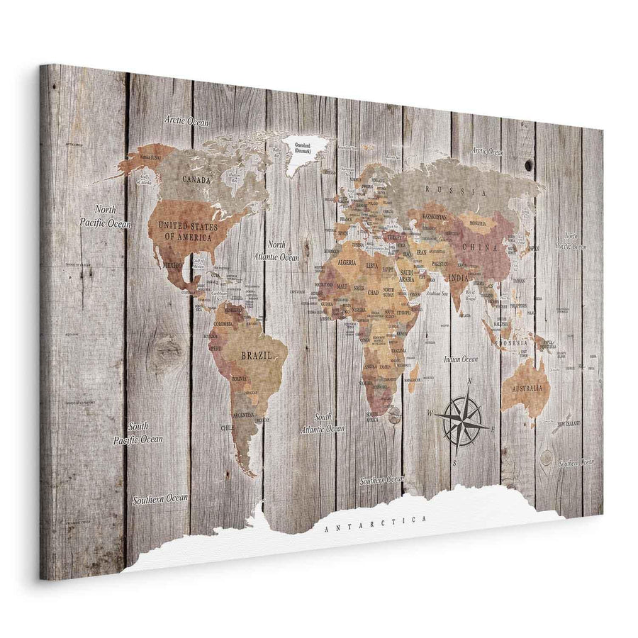 Leinwandbild - World Map: Wooden Stories Artgeist