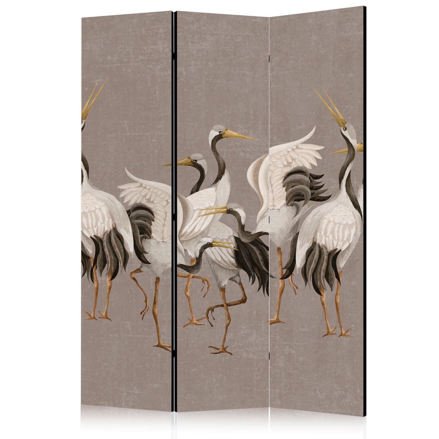 Paravent - Crane dance - bright silhouettes of birds on a warm grey background with texture