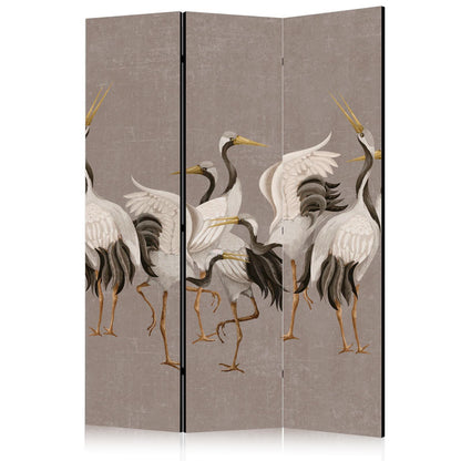 Paravent - Crane dance - bright silhouettes of birds on a warm grey background with texture
